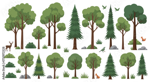 Collection of Diverse Trees with Green Foliage and Wildlife Elements.