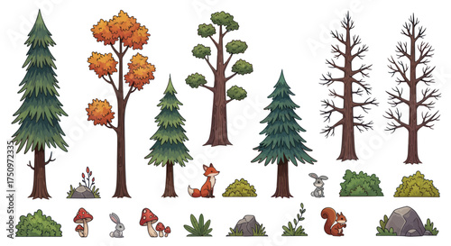 Collection of Cartoon Trees Bushes and Forest Elements for Game Design.