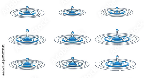 Set of Nine Blue Water Drop Splashes with Ripples.