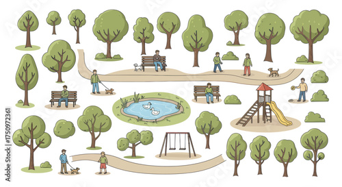 Park Elements Illustration: Trees People Playground Pond and Benches.