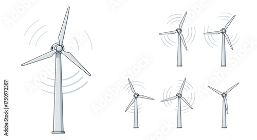 A set of hand-drawn wind turbines illustrating renewable energy generation.