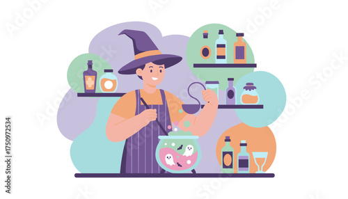 Smiling witch stirring a glowing Halloween cauldron with ghosts and bats surrounded by potions Fun fantasy concept