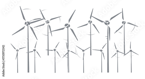 Multiple grey sketch wind turbines generating clean energy.