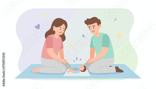 Stressed parents looking at their baby illustrating challenges of new parenthood and family life