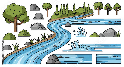 Stylized Illustration of a Winding River with Natural Elements.