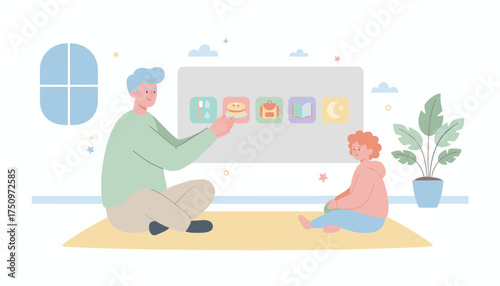 Adult teaches child daily routine with visual schedule Learning good habits parenting concept