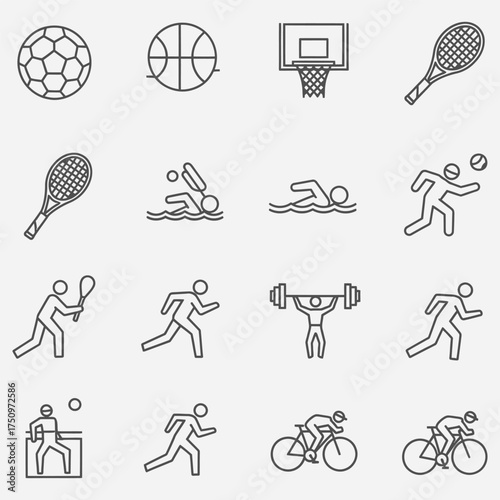 Set of sports icons depicting various athletic activities and equipment for recreational use and competition