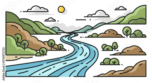 Winding river valley landscape with mountains and sun in a modern outline vector style.
