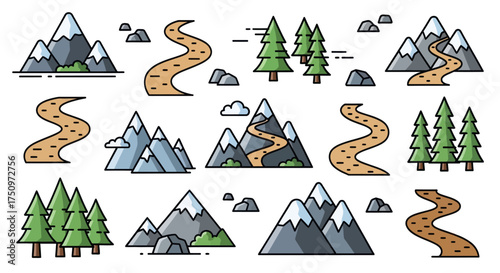 Stylized Mountain Landscapes with Winding Roads and Evergreen Trees.
