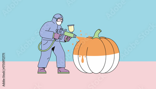 Professional spray painting a pumpkin orange for custom decor craft or seasonal projects