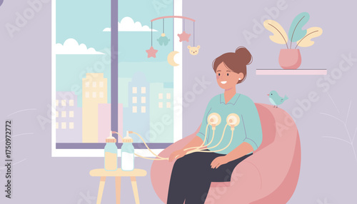 Happy mother expressing breast milk at home for infant modern motherhood concept
