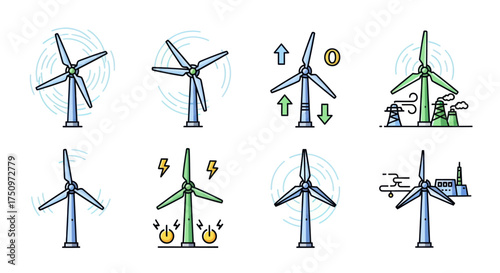 Colorful Wind Turbine Icons for Renewable Energy Generation.