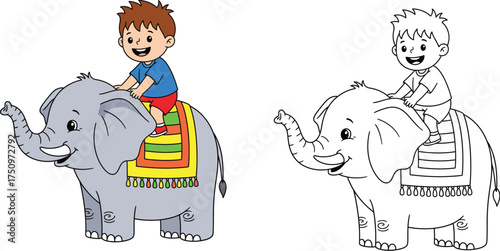 Happy Cartoon Boy Riding a Decorated Elephant - Fun and Playful Animal Adventure for Children