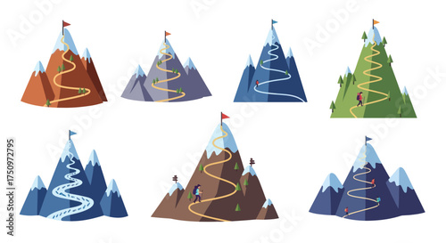 Collection of Stylized Mountains with Winding Paths and Flags.