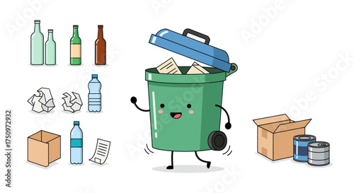 Adorable Cartoon Recycling Bin with Various Recyclable Materials.