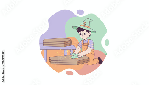 Whimsical boy crafting wooden coffin shapes Imagination DIY project creative hobby