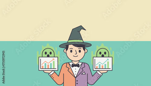 Witchhatted character with business charts and surprised ghosts depicting unexpected growth