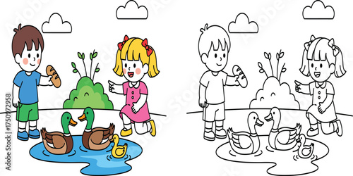 Cute Cartoon Kids Feeding Ducks in a Pond - Playful Outdoor Activity for Children