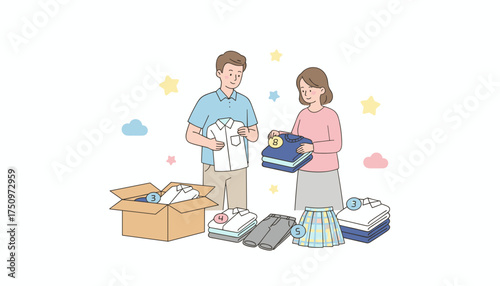 Couple organizing clothes for donation sale or storage Lifestyle charity decluttering concept