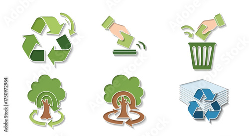 Set of Green Recycling and Environmental Icons on White.
