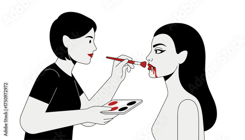 Makeup artist transforming woman into a vampire Halloween costume or theatrical makeup concept