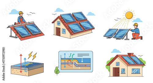 Solar Energy Panels Installation Renewable Power Generation and Home Systems Illustrations.