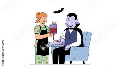 Halloweenthemed nurse drawing blood from a vampire symbolizing blood donation or health concept