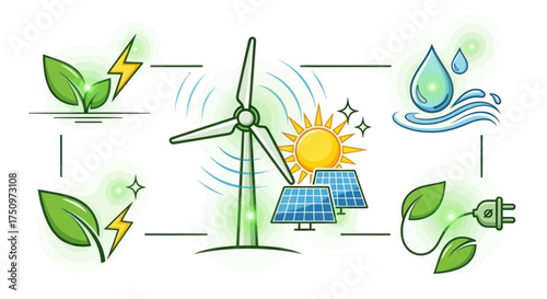 Renewable Energy Concept Illustration: Wind Turbine Solar Panels Water and Bioenergy.