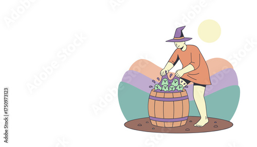 Halloween witch brewing a spooky potion with ghost figures in a wooden barrel