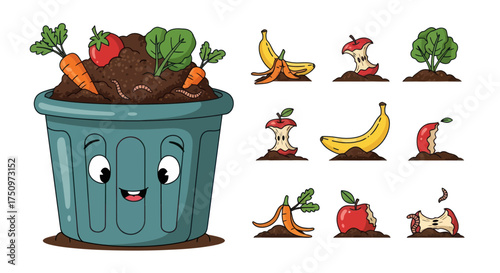 Happy Cartoon Compost Bin with Organic Waste and Growing Vegetables.
