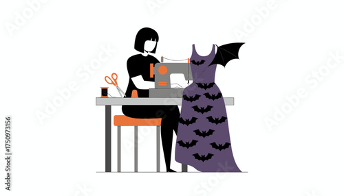 Person sewing a purple dress adorned with bats and a wing preparing for Halloween