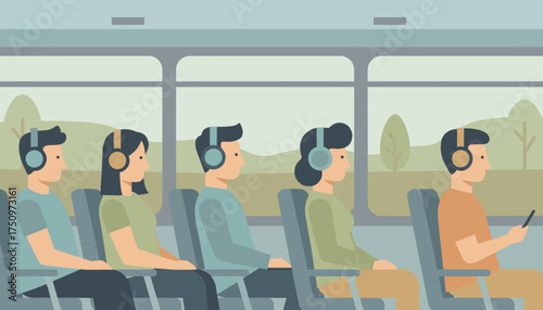 Passengers with headphones on a bus or train focusing on audio content during travel