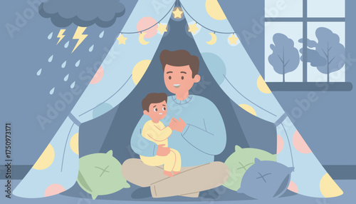 Father and son find comfort in a blanket fort during a stormy night Family bonding cozy home