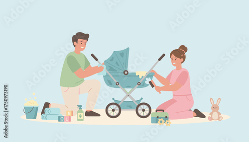Happy couple cleaning baby stroller together demonstrating parental care and teamwork at home