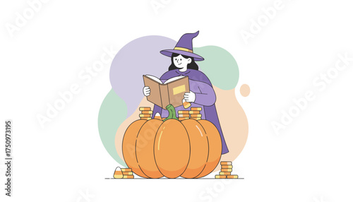 Witch reading a magic spellbook with pumpkin gold coins and candy corn for Halloween