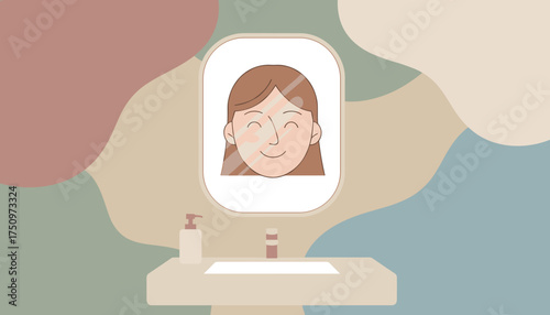 Happy womans face reflected in a bathroom mirror during a morning routine