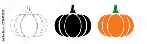 Pumpkin set vector. Colorful pumpkin designs showcasing blank, black, and orange styles, perfect for autumn themes.