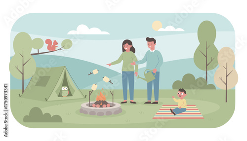 Happy family camping roasting marshmallows over a campfire Joyful outdoor adventure and relaxation