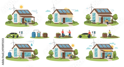 Cartoon Houses with Solar Panels and Sustainable Energy Systems.
