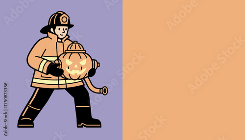 Firefighter holding a spooky Halloween pumpkin fire hydrant Festive illustration