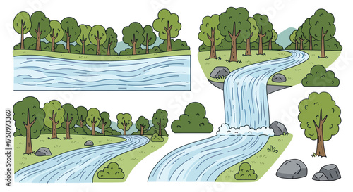 Hand-drawn cartoon natural landscape elements featuring rivers waterfall trees and rocks.