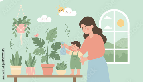 Mother and child bonding watering indoor plants Nurturing home life nature family care