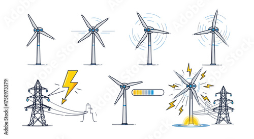 Wind Turbines and Electrical Transmission Towers: Renewable Energy Generation and Distribution.
