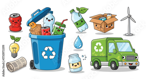 A cute cartoon set of recycling and environmental icons with kawaii faces including a bin truck and waste items.