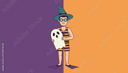 Funny character in witch hat swimsuit goggles and flippers holding a ghost Halloween summer fun