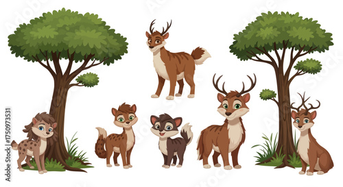 Adorable cartoon deer family and trees in a forest setting.
