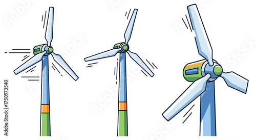 Three cartoon wind turbines in different poses illustrating renewable energy generation.