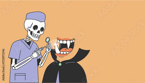 Skeleton dentist examines vampires sparkling fangs Dental health and spooky season concept