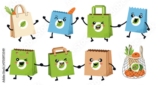 Collection of Cute Eco-Friendly Shopping Bags with Cartoon Faces.
