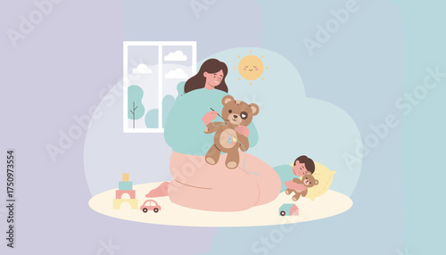 Mother mending a beloved teddy bear for her sleeping child showing love and care in a cozy room